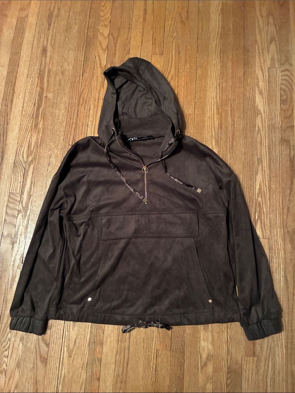 Zara Brown Hooded Faux Suede 3/4 Zip Pullover Sweatshirt